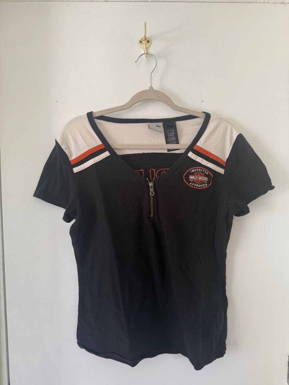 Harley-Davidson Black, Cream & Orange V-Neck Zip Short Sleeve Tee